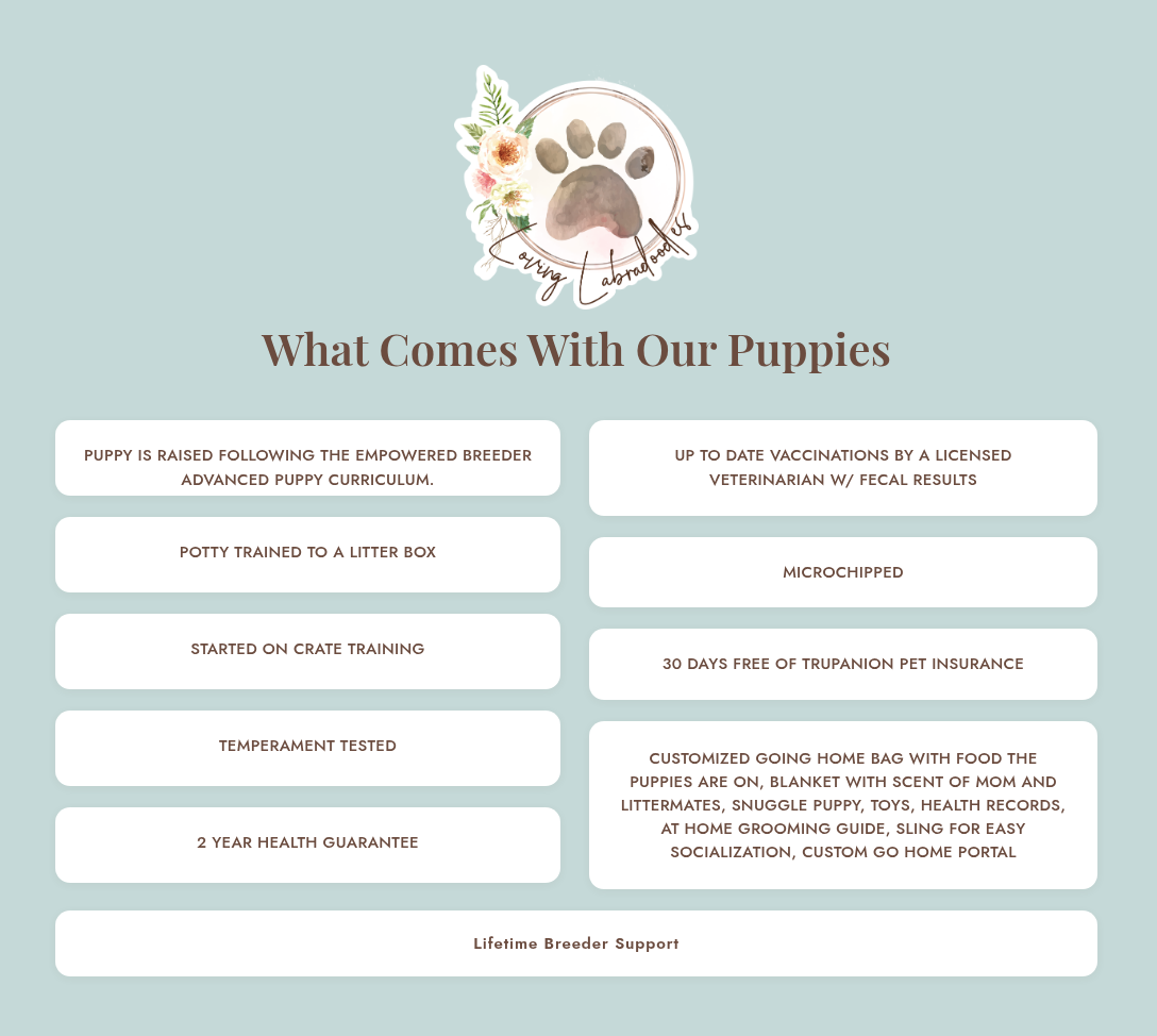Empowered Breeder Going Home Bag 2 - Australian Labradoodle Puppies | California, USA Overview of puppy program benefits: potty training, vaccinations, crate training, health guarantee, and support.